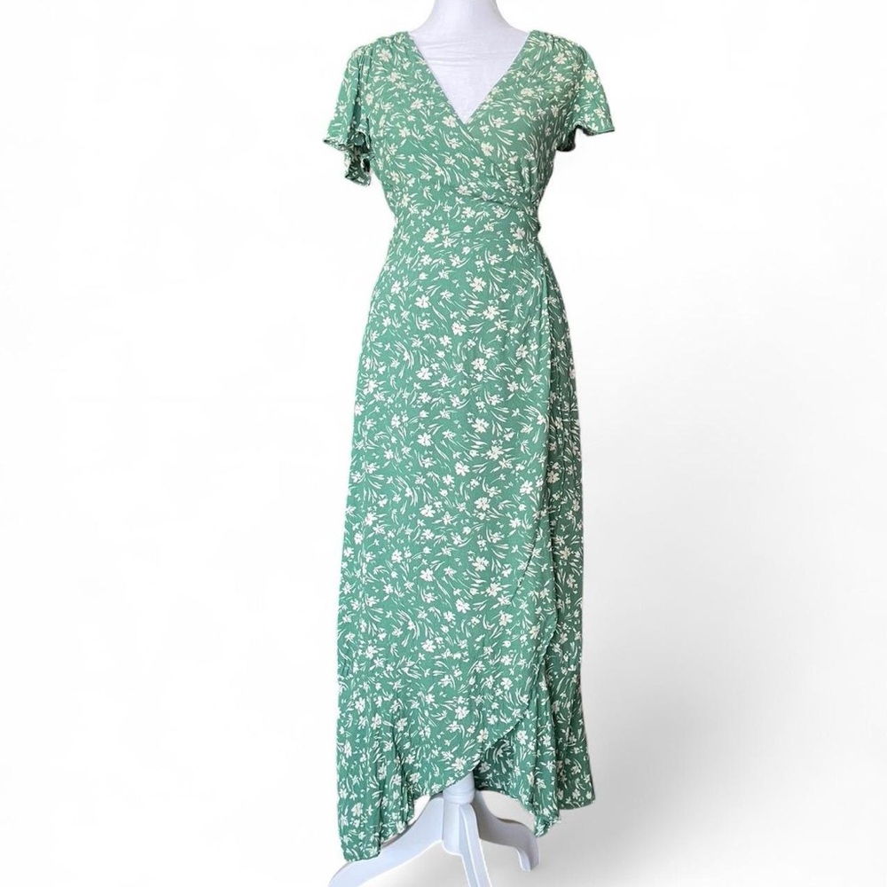 Green Floral Print Wrap Dress, Short Flutter Sleeves - Size Small